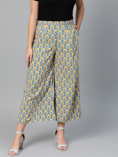 

I AM FOR YOU Women Blue & Yellow Printed Flared Cropped Palazzos