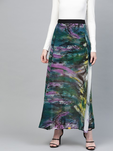 

I AM FOR YOU Women Green & Purple Printed Maxi Flared Skirt