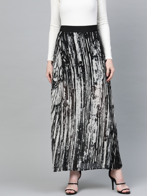 

I AM FOR YOU Women Off-White & Black Printed Maxi Flared Skirt