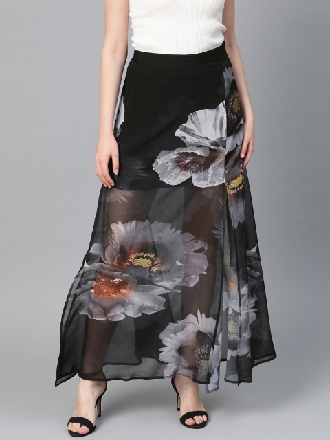 

I AM FOR YOU Women Black Floral Print Maxi Skirt