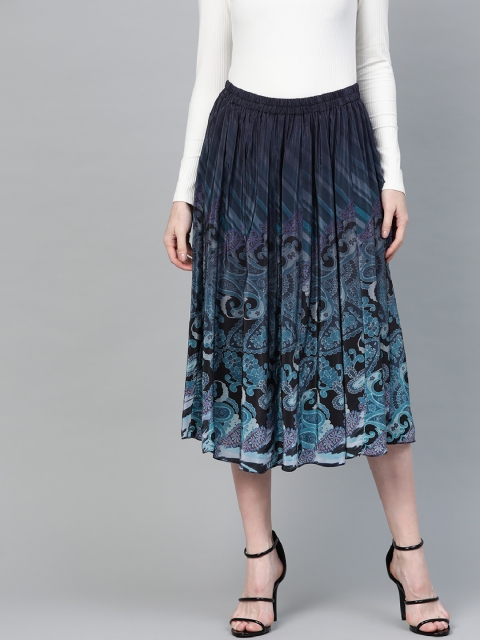 

I AM FOR YOU Women Blue & Black Printed Midi A-Line Skirt