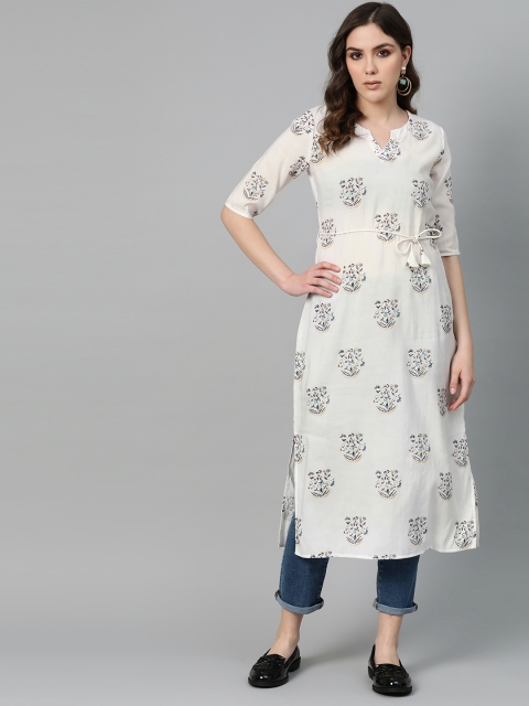 

I AM FOR YOU Women White & Charcoal Grey Printed Straight Kurta