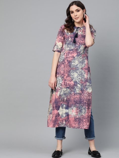 

I AM FOR YOU Women Pink & Navy Blue Printed Straight Kurta