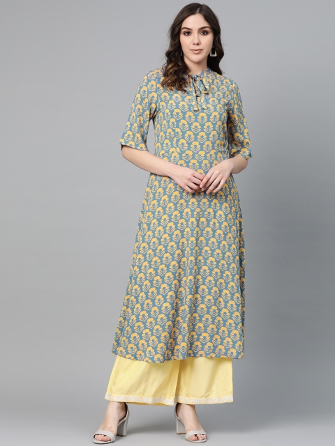 

I AM FOR YOU Women Blue & Yellow Printed A-Line Kurta