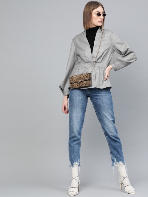 

SASSAFRAS Women Grey Melange Solid Slim Fit Peplum Blazer