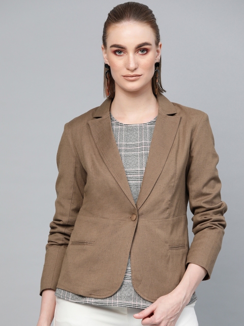 

SASSAFRAS Women Brown Solid Slim Fit Single-Breasted Pure Cotton Blazer