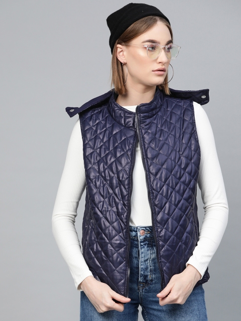 

SASSAFRAS Women Navy Solid Quilted Jacket with Detachable Hood, Navy blue