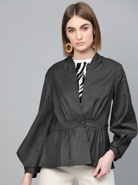 

SASSAFRAS Women Charcoal Grey Solid Slim Fit Peplum Blazer