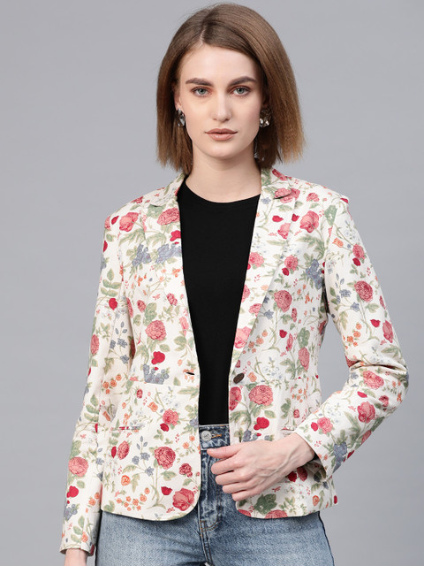 

SASSAFRAS Women Cream-Coloured & Rust Red Slim Fit Printed Casual Pure Cotton Blazer