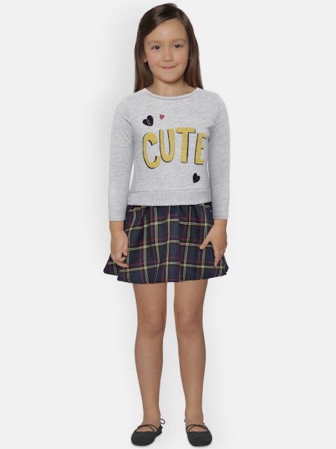 

COOL CLUB Girls Grey Melange & Navy Blue Checked A-Line Dress