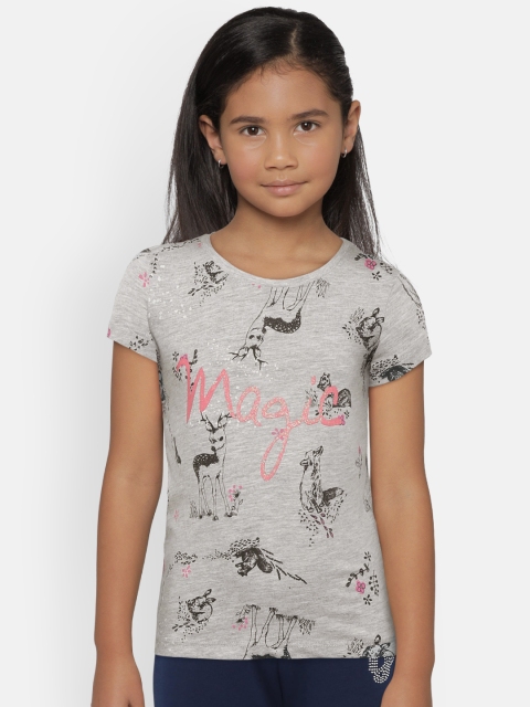 

COOL CLUB Girls Grey Melange & Black Printed T-shirt