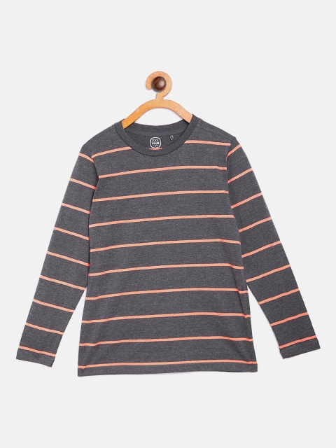 

COOL CLUB Boys Charcoal Grey & Peach-Coloured Striped Round Neck T-shirt
