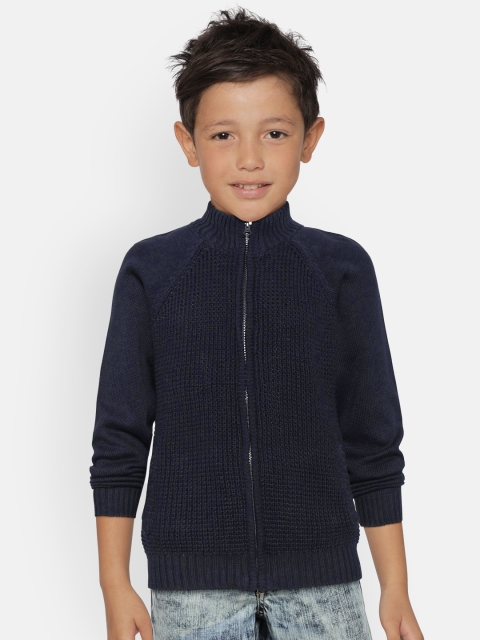 

COOL CLUB Boys Navy Blue Self Design Front-Open Sweater