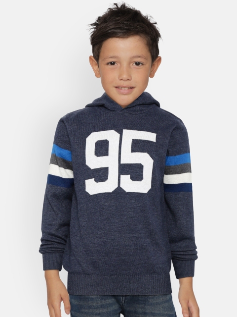 

COOL CLUB Boys Navy Blue & White Hooded Self Design Pullover Sweater