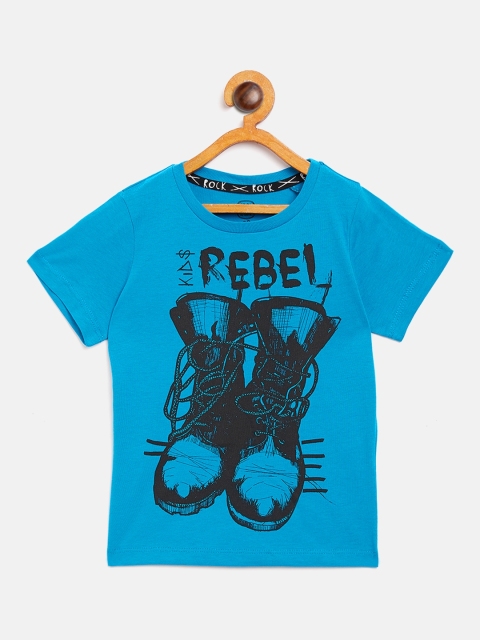 

COOL CLUB Boys Blue Black Printed Round Neck Pure Cotton T-shirt