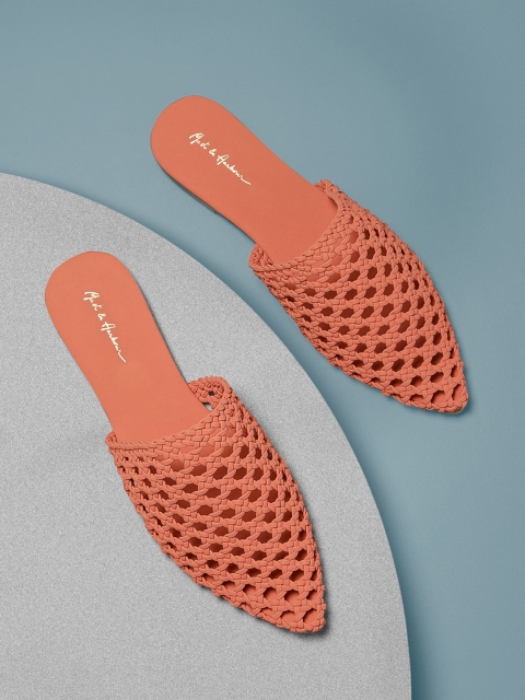 

Mast & Harbour Women Coral Orange Woven Design Mules