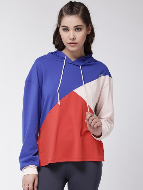

Fitkin Women Blue & Orange Colourblocked Hood Training T-shirt
