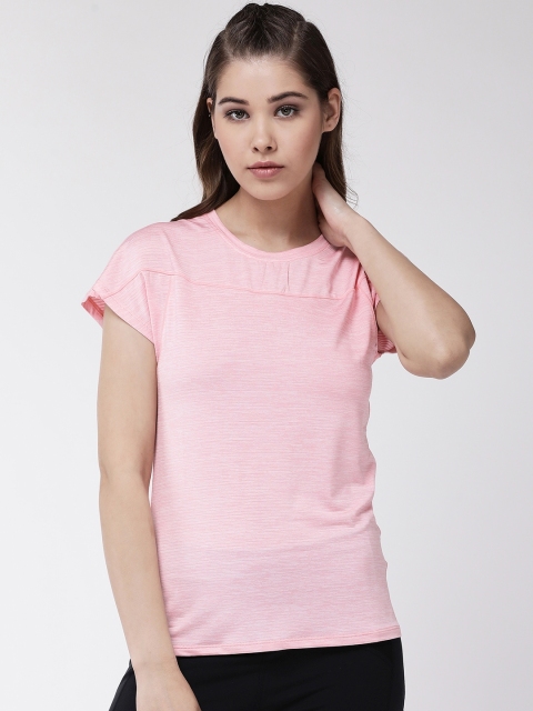 

Fitkin Women Pink Self-Striped Round Neck Gym T-shirt