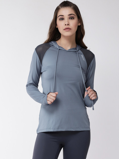 

Fitkin Women Blue Solid Hooded Gym T-shirt