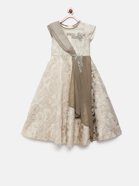 

Rianna Girls Off-White & Olive Green Embellished Maxi Dress