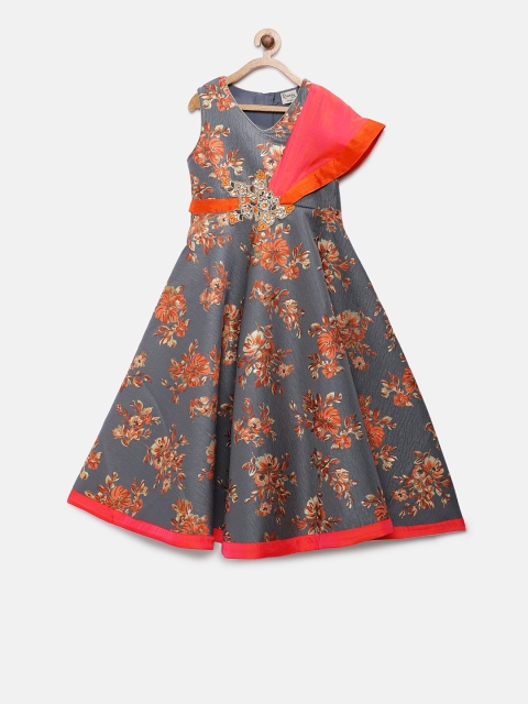 

Rianna Girls Grey & Orange Floral Printed Maxi Dress