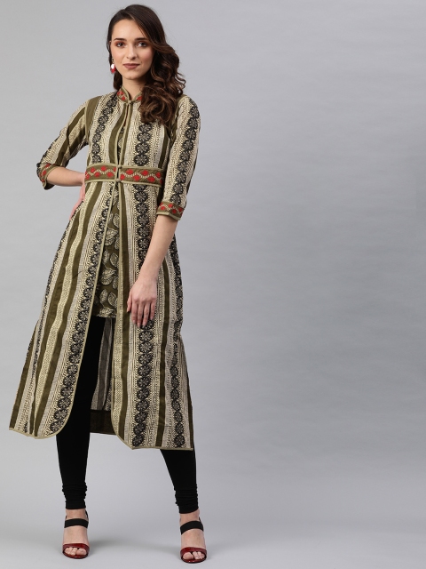 

Rain & Rainbow Women Olive Green & Off-White Printed A-Line Kurta