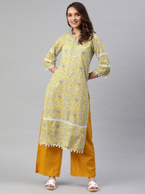 

Rain & Rainbow Women Yellow & White Printed Straight Kurta