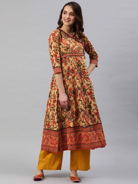 

Rain & Rainbow Women Mustard Yellow & Orange Floral Print A-Line Kurta