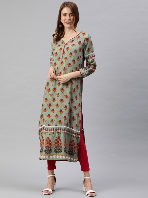 

Rain & Rainbow Women Olive Green Printed Straight Kurta
