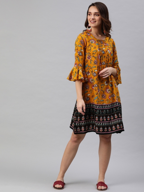 

Rain & Rainbow Women Mustard Printed A-Line Dress