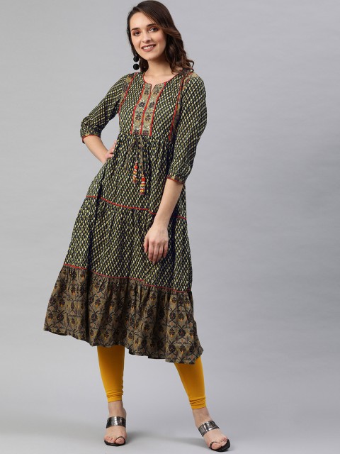 

Rain & Rainbow Women Green & Navy Blue Printed Tiered Anarkali Kurta