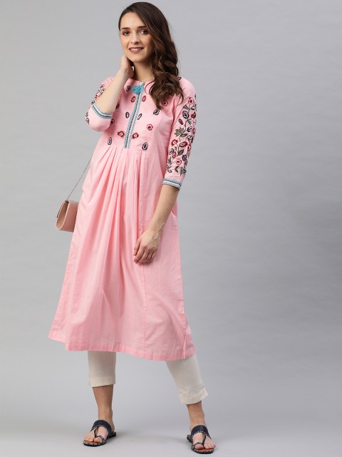 

Rain & Rainbow Women Pink Yoke Design A-Line Embroidered Kurta