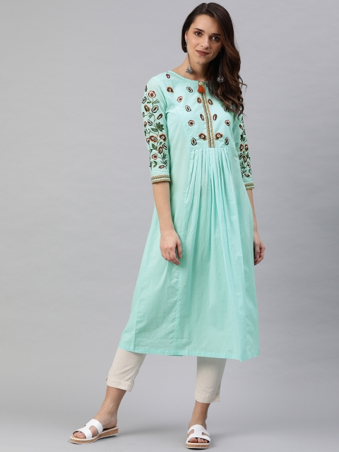 

Rain & Rainbow Women Turquoise Blue Yoke Design A-Line Embroidered Kurta
