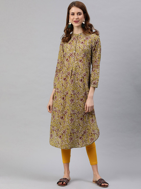 

Rain & Rainbow Women Olive Green & Beige Printed A-Line Kurta