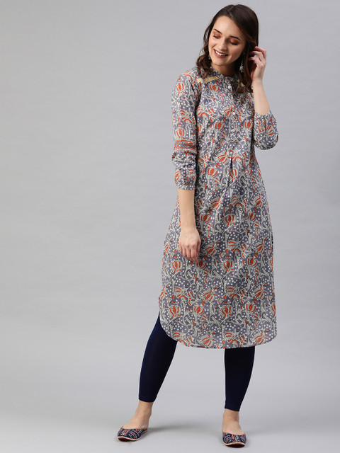 

Rain & Rainbow Women Grey & Red Printed A-Line Kurta