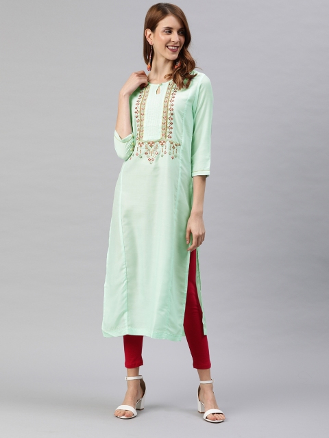 

Rain & Rainbow Women Sea Green Yoke Design Straight Embroidered Kurta