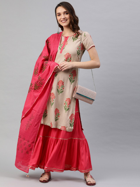 

Rain & Rainbow Women Beige & Pink Printed Kurta with Sharara & Dupatta