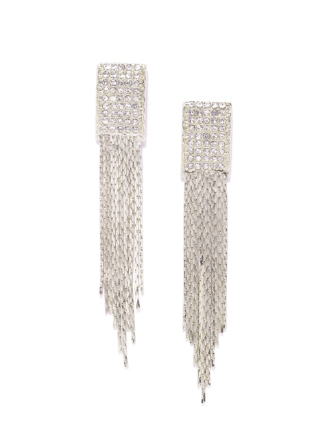 

Forever New Muted Gold-Toned Stone Studded Tasselled Geometric Drop Earrings