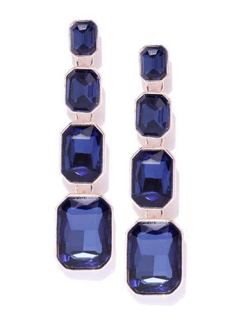 

Forever New Navy Blue & Rose Gold-Toned Stone Studded Geometric Drop Earrings