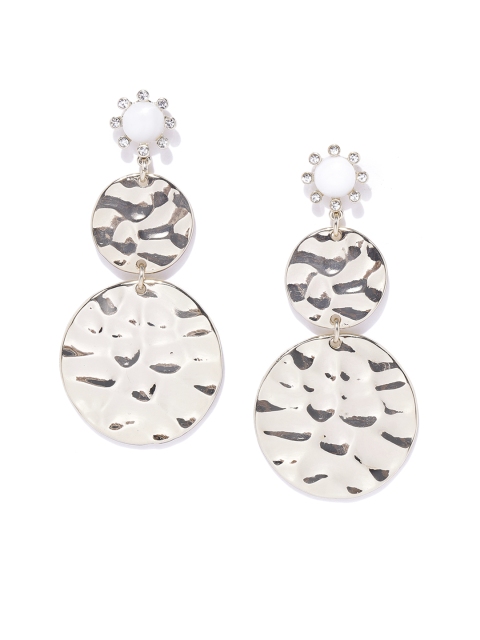 

Forever New Muted Gold-Toned & White Stone-Studded Textured Circular Drop Earrings