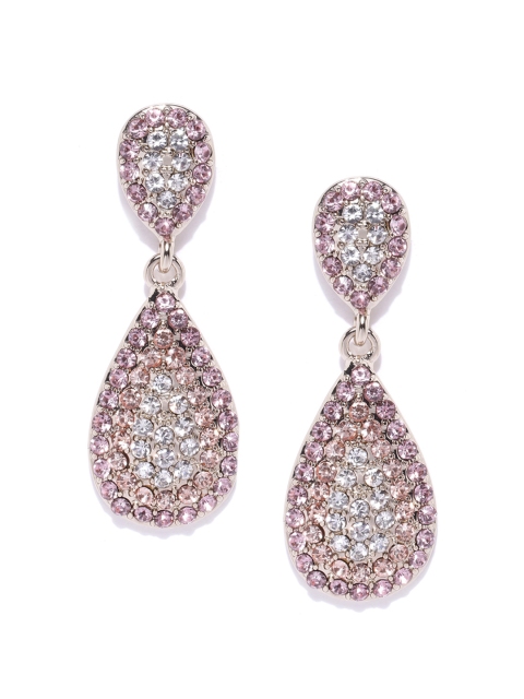

Forever New Gold-Toned & Pink Stone-Studded Teardrop Shaped Drop Earrings