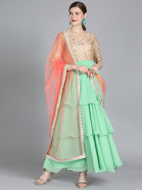 

Bollywood Vogue Women Sea Green & Gold-Toned Made to Measure Embroidered Layered Kurta Set