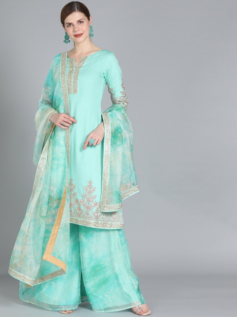 

EthnoVogue Women Turquoise Blue Solid Made To Measure Kurta with Palazzos & Dupatta