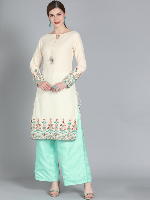 

EthnoVogue Women Off-White & Turquoise Blue Solid Made To Measure Kurta with Palazzos