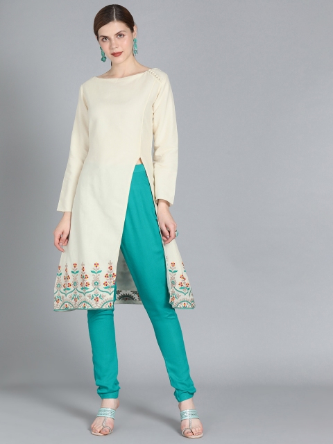 

Bollywood Vogue Women Off-White & Sea Green Solid Made To Measure Kurta with Churidar