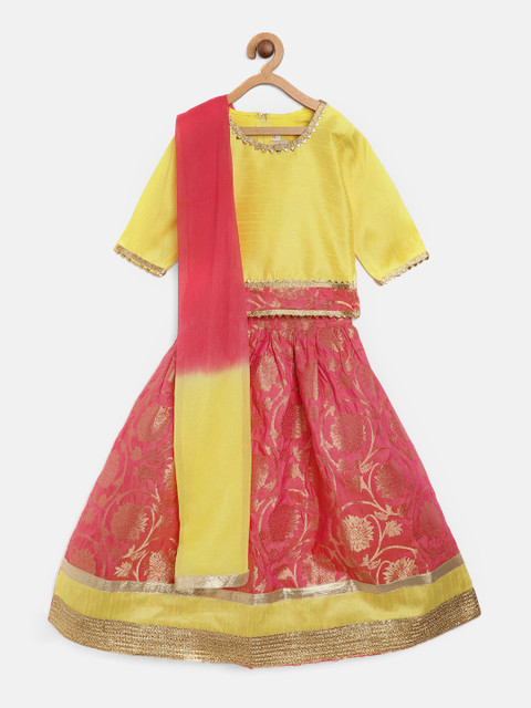 

BownBee Girls Pink & Yellow Solid Ready to Wear Pattu Pavadai with Dupatta
