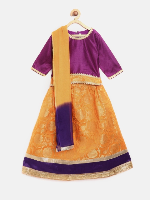 

BownBee Girls Orange & Purple Solid Ready to Wear Pattu Pavadai with Dupatta