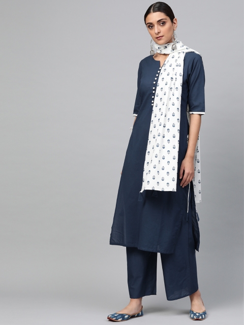 

Libas Women Navy Blue & White Solid Kurta with Palazzos & Stole