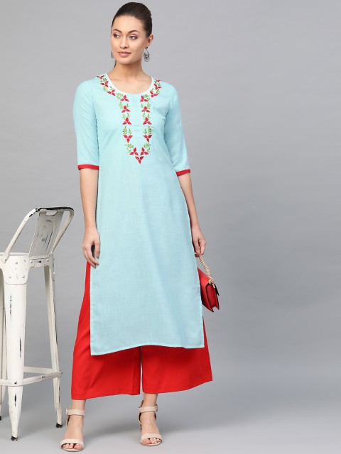 

Libas Women Blue Yoke Design Linen Straight Kurta
