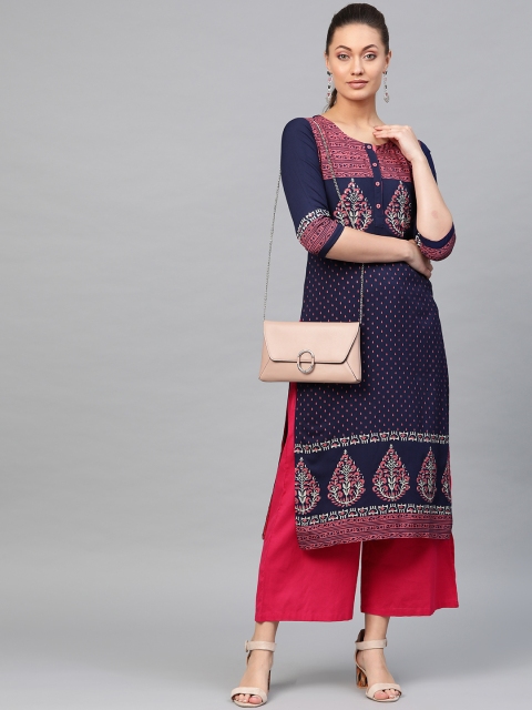 

Libas Women Navy Blue & Pink Printed Straight Kurta